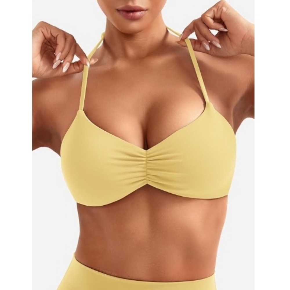 Halter Sports Bra Adjustable Strappy Open Back Impact Removable Pads Yellow